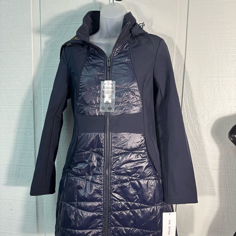 Via Spiga Elliptical Quilted Softshell Jacket Navy L Leopard Lining Size XS NWT - Picture 7 of 11